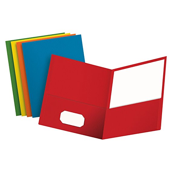 Oxford Twin-Pocket Folders, Textured Paper, Letter Size, Assorted Colors: Red, Light Blue, Orange, Yellow, Green, Holds 100 Sheets, Box of 50 (67613)