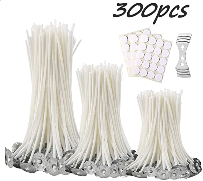 300Pcs Functional Smokeless Candle Wicks,1pcs Centering Device, Pre-Waxed Cotton Core Wicks with Metal Sustainer Tabs for Pillar Candle Making and Candle DIY Christmas Gift,9cm/3.5in,15cm/6in,20cm/8in