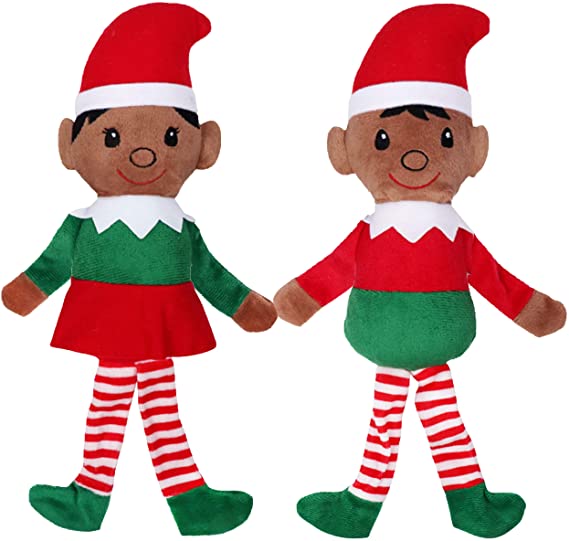 Christmas Holiday Plush Elves - African American Boy & Girl Elf Stuffed Toy Set