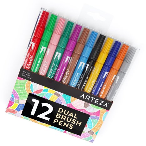 Dual Brush Pens 12-Colored-Markers Water-Based & Non-Toxic (Dual Tips, Set of 12)