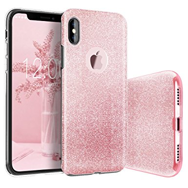 iPhone X Case, BASSTOP Luxury Bling Crystal Glitter Sparkle Phone Case Detachable 3 Layers Shockproof Hard PC Back Soft TPU Inner Shining Case for Apple iPhone X,iPhone 10 (Pink)