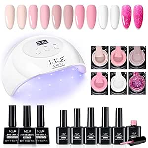 LKE Gel Nail Polish Kit with U V Light Starter Kit, 72W UV LED Nail Lamp 6 Colors Nude Pink White Gel Nail Polish Set Gel Top Base Coat Nail Art DIY Manicure Gel Nail Kit Gifts (Ｎude White)