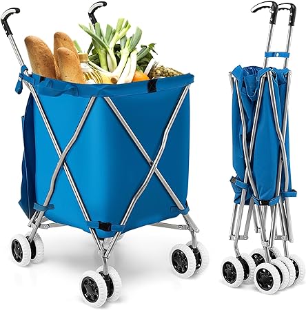 COSTWAY Folding Shopping Cart, Portable Grocery Cart on Wheels with Removable Waterproof Oxford Cloth Liner, Transport Up to 120 Pounds, Lightweight Utility Cart for Groceries, Laundry (Blue)