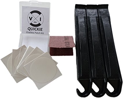 Glueless Bicycle Tire Tube Patch Kit | Self Adhesive | QUICKIE by Freedom Bike | Includes 6 Patches, Sandpaper Scuffer, 3 Tire Levers, and a Compact Patch Carrying Kit!