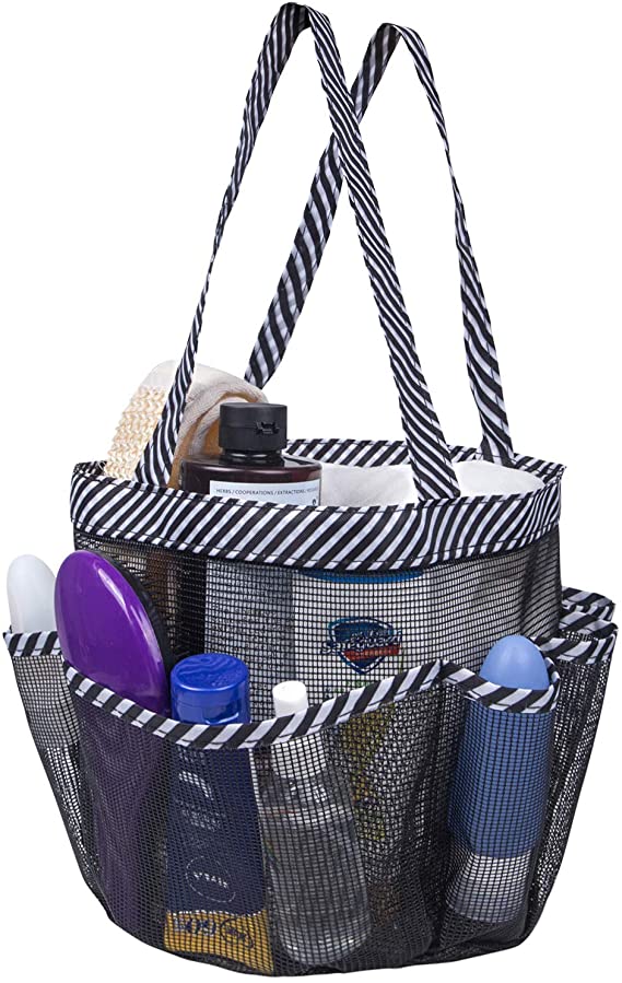 Mesh Shower Caddy Tote with 8 Mesh Storage Pockets, Quick Dry Portable Shower Tote Bag Perfect for College Dorm and Other Bathroom Accessories, Black Strip