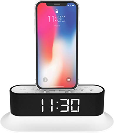 AZATOM Chronos 2 Lightning Dock Speaker for iPhone Xs Max, Xs, Xr, X, 8, 8 plus, 7plus, 7, 6s, 6, 5s, 5, 5c, SE, iPod Touch Nano - FM Radio Dual Alarm Clock - Docking station (White)