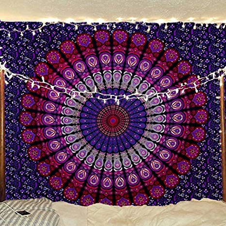 Bless International Indian Hippie Bohemian Psychedelic Peacock Mandala Wall Hanging Bedding Tapestry (Purple Pink, Twin(54x72Inches)(140x185cms))