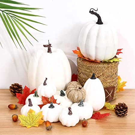 AOLIGE 12 PCS White Pumpkins Decoration Fall Harvest Assorted Fake Pumpkins for Halloween Thanksgiving