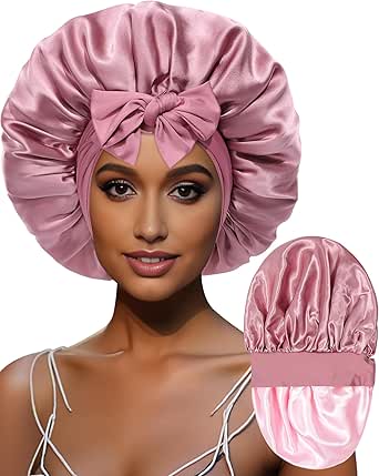 Large Satin Bonnet Silk Bonnet for Sleeping Women Curly Hair Bonnet with Tie Band Reversible Double Layer Bonnet Sleep Cap