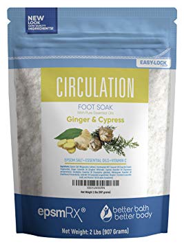 Circulation Foot Soak 32oz (2-Lbs) Epsom Salt & Ginger, Cypress, Eucalyptus, Wintergreen, and Lavender Essential Oils - Now With BPA Free Press-Lock Pouch