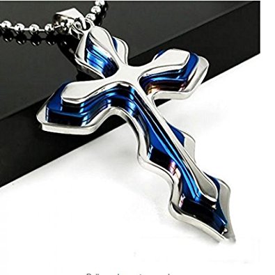 Men Stainless Steel Cross Pendant Metal Chain Necklace Blue