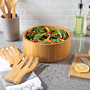 Classic Cuisine 82-KIT1114 10.25-Inch Bamboo Salad Bowl with Utensils – FDA Certified Modern Round Wood Dinnerware Eco-Friendly and Bacteria Resistant