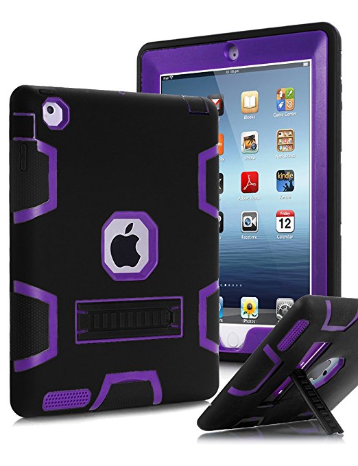 TIANLI(TM) ArmorBox [Three Layer] Convertible [Heavy Duty] Full-Body Rugged Hybrid Protective With KickStand Case For iPad 2 /iPad 3 /iPad 4,Black Purple