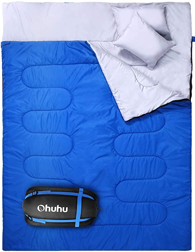 Ohuhu Double Sleeping Bag with 2 Pillows, Waterproof Lightweight 2 Person Adults Sleeping Bag for Camping, Backpacking, Hiking, with Carrying Bag