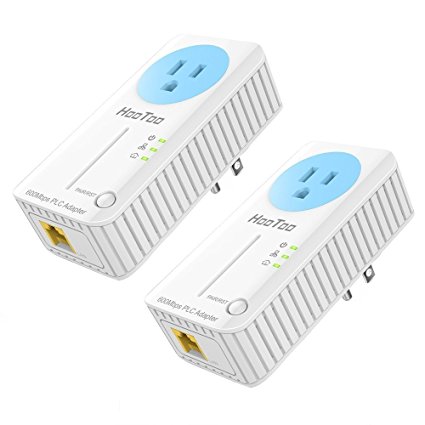 HooToo AV600 Powerline Adapter with Up To 600Mbps Data Transfer Speed (One-Button Fast Pairing Operation, Built-In AC Socket - 2 Pack of HT-ND002)
