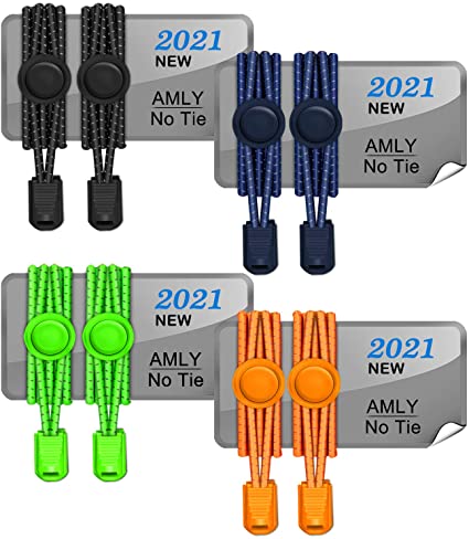 AMLY 4 Pairs of Elastic No Tie Shoelaces, Upgraded Lock, Reflective Shoe Laces for Kids and Adults
