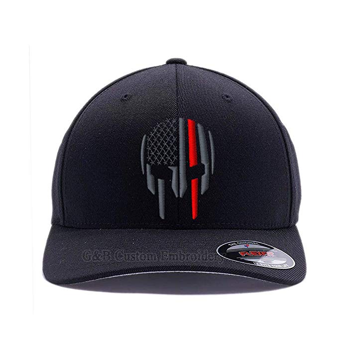 Thin RED LINE Spartan Helmet Cap. Embroidered. 6477, 6277 Wooly Combed Twill Flexfit