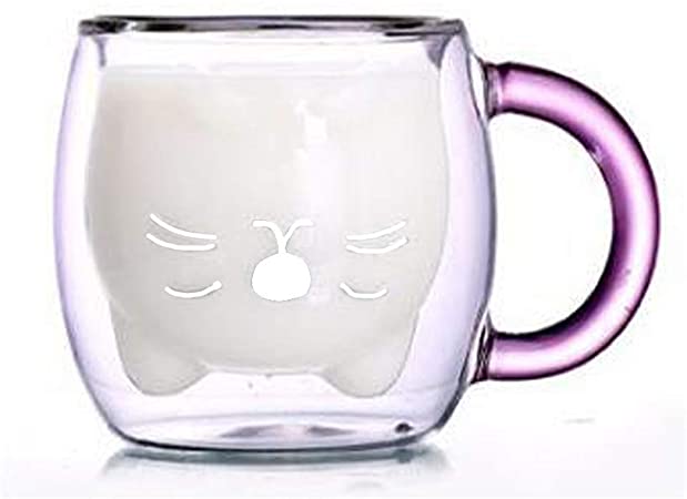 Cute Mugs Glass Double Wall Insulated Glasses Espresso Cup, Coffee Cup, Tea Cup, Milk Cup, Best Gift for Office and Personal Birthday (Purple Cat)