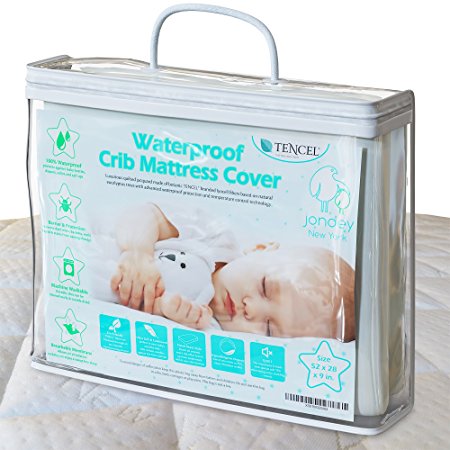 Organic all natural Jacquard & Quilted TENCEL crib mattress pad 100 % waterproof breathable hypoallergenic fitted & washable 52x28x9in. soft padded for baby toddler cover topper protector