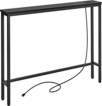 ELYKEN 5.9" Narrow Console Sofa Table with Power Outlets, 39.4” L x 5.9" W x 31.1" H Long Black Behind Couch Table with Metal Frame and Charge Station with 6.5’ Extension Cord