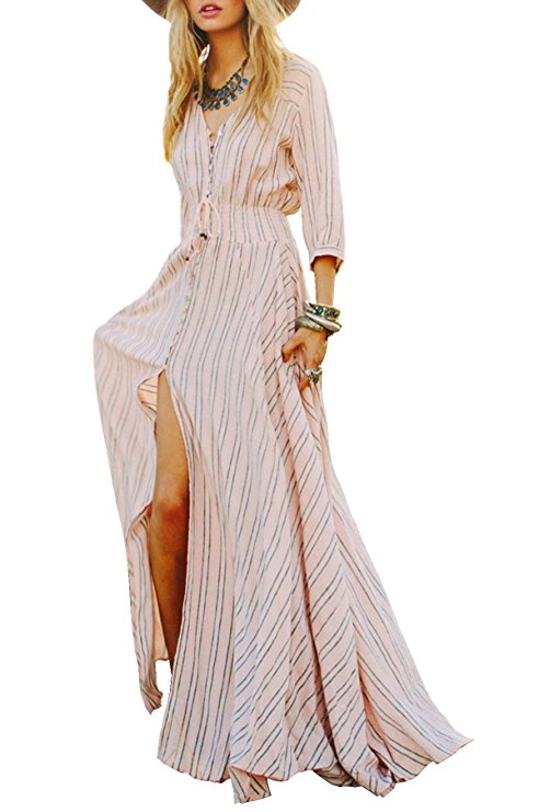 R.Vivimos Women 3/4 Sleeve Striped V-neck Button-up Empire Waist Maxi Dresses