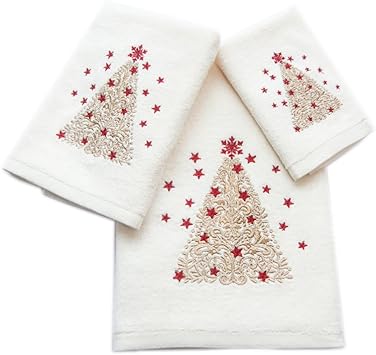 Marina Decoration Xmas Premium Luxury Decor Ultra Soft 100% Cotton Embroidered Bathroom Modern Christmas 3 Piece Towel Set, Gold Red Ivory Color Gold Christmas Tree Pattern