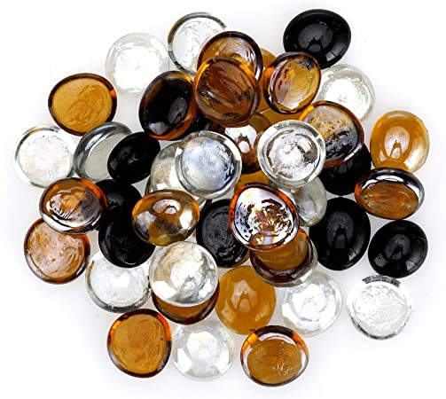 onlyfire Flat Fire Glass Beads for Propane Fire Pit, 1/2 Inch Blended Firepit Glass Rocks 10 Pounds Flat Marbles for Gas Fireplace and Fire Pit Table, Onyx Black, Crystal Ice and Caramel Luster