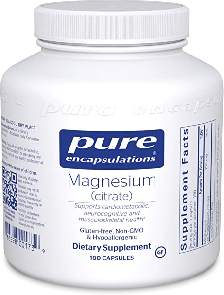 Pure Encapsulations Magnesium (Citrate) | Supplement for Constipation, Stress Relief, Sleep, Heart Health, Nerves, Muscles, and Metabolism* | 180 Capsules