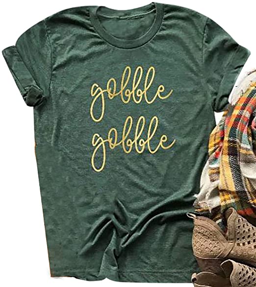 FAYALEQ Thanksgiving Shirt for Women Gobble Gobble Short Sleeve Letter Print Funny Graphic Tees Thanksgiving T-Shirts