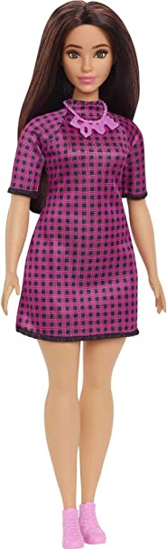 Barbie Fashionistas Doll #188, Curvy, Black Hair, Pink & Black Checkered Dress, Love Necklace, Pink Sneakers, Toy for Kids 3 to 8 Years Old