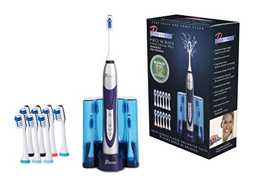 Pursonic High Power Rechargeable Sonic Toothbrush, Bonus 12 Toothbrush Heads Included, Blue