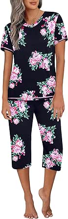 Ekouaer Women's Sleepwear Capri Pajama Sets Short Sleeve Two-Piece Pjs V Neck Tops & Capri Pants with Pockets S-3XL