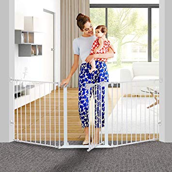 KingSo 80 inch Auto Close Baby Gate Super Wide Safety Gate Foldable Extra Wide 25-80 inch Walk Thru for House Stair Doorways Hallways Include Hardware Mounts(30" Tall, White)