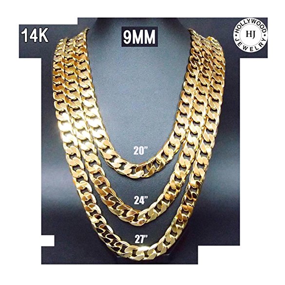14K Gold Chain Necklace 9MM Smooth Cuban Curb Link Tarnish Resistant fashion Jewelry Diamond Cut for Men