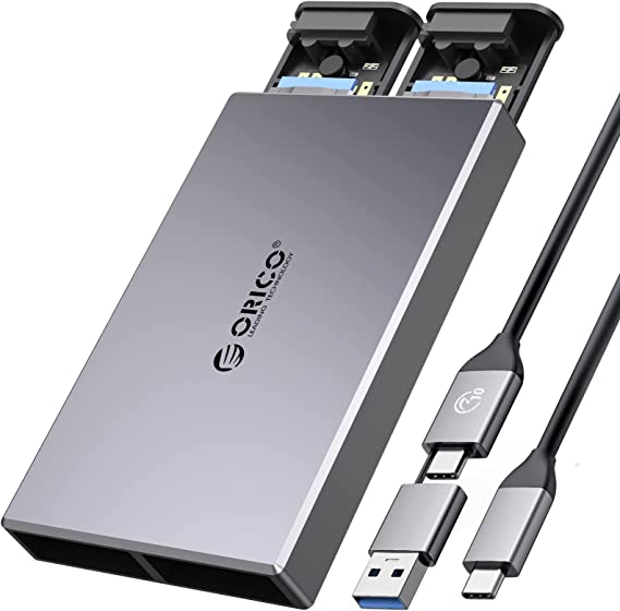 ORICO Dual M.2 NVMe SATA SSD Enclosure, USB C to M2 Adapter for M Key PCIe & B M Key 2230/2242/2260/2280 M.2 SSDs,Tool-Free Installation Aluminum M.2 Reader Support Trim and UASP up to 2x4TB-CM2-2SN