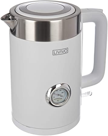 LIVIVO Sirius Electric Kettle Fast Boil Jug Hot Water Dispenser with Thermometer/Temperature Dial 3000W 1.7L BPA Free 360° Swivel Base Kitchen – White Retro Style