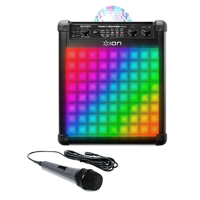 Ion Audio Party Rocker Max | Wireless Rechargeable Speaker with Multi-Effect Party Lights and Microphone with 10 Ft. Cord