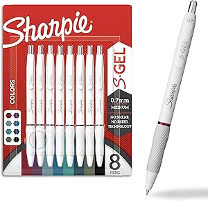 SHARPIE S-Gel Pens, Fashion Barrel Gel Pens, Pearl White Body, Medium (0.7mm) Point, Bold Ink Colors, 8 Count