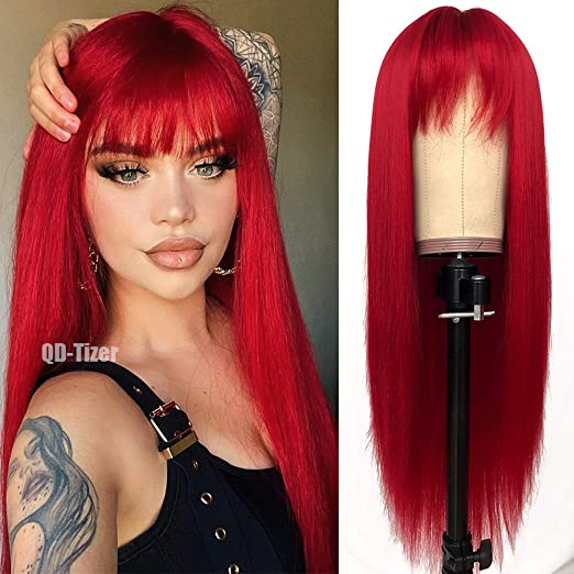 QD-Tizer Red Color Long Silky Straight Wigs with Bangs Synthetic No Lace Wig for Fashion Women Heat Resistant Natural Looking Hair Wig for Party Cosplay