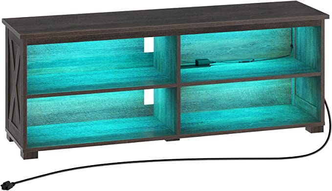 Rolanstar TV Stand with Power Outlet & LED Lights, 51" TV Cabinet for TV up to 60 Inches, Entertainment Center with Shelves & Cable Management, TV Console for Living Room Bedroom, Walnut