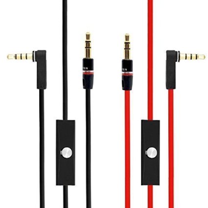 VRlinking (TM) 2Pcs Replacement 3.5mm Right Angle AUX Audio Cable Cord for Dr Dre Headphones Bose Monster Solo Beats Studio Speakers with Mic 1.2M (Black   Red)