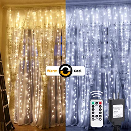 LE Dual Color LED Curtain Lights, 2 in 1 Cool and Warm White, Timer/Remote/Dimmable/9 Modes, 9.8x9.8ft 300 LED, Indoor Outdoor Wall Window String Light for Bedroom, Party, Wedding, Patio and More