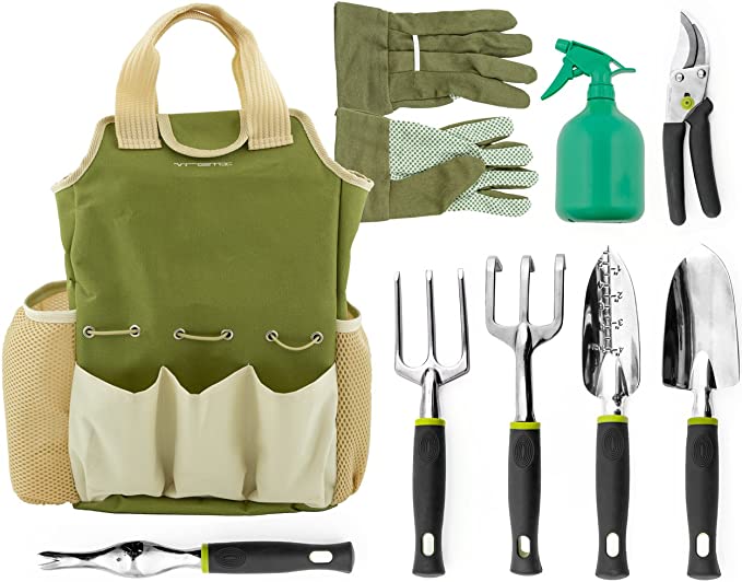 Vremi 9 Piece Garden Tools Set - Gardening Tools with Garden Gloves and Garden Tote - Gardening Gifts Tool Set with Garden Trowel Pruners and More - Vegetable Herb Garden Hand Tools with Storage Tote