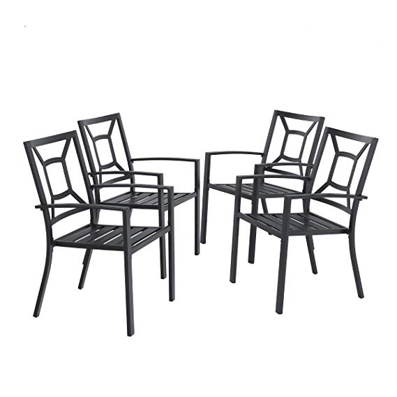 4 Piece Black Metal Outdoor Furniture Patio Steel Frame Slat Seat Dining Arm Chairs with Angle Back