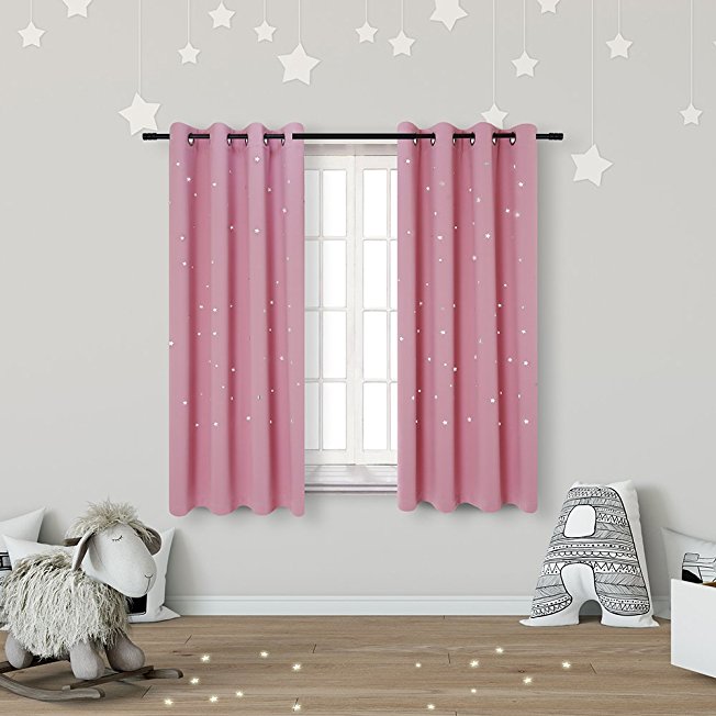 Kids Room Curtains with Laser Cutting Out Stars Perfect for Girls Bedroom and Nursery (2 Panel), Thermal Insulated Light Blocking Window Curtains Drapes, 52 Inches Wide by 63 Inches Long, Baby Pink