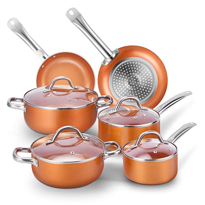 TOBOX Cookware Set Pan & Pot Set 10 Piece, Stock Pot, Saute Pan, Saucepan,Glass Lid |&nbsp;Induction | Nonstick |