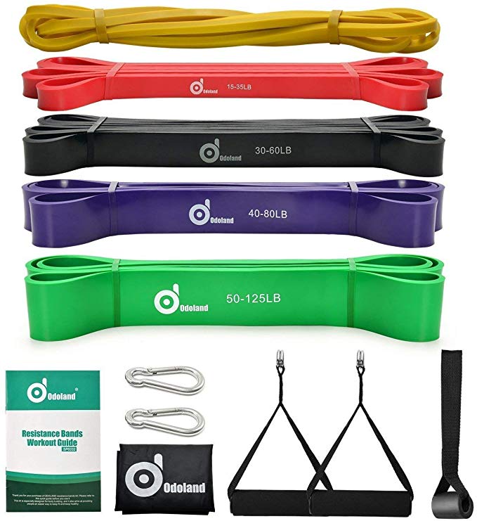 5 Packs Pull Up Assist Bands, Odoland Pull Up Straps, Resistance Bands with Door Anchor and Handles | Stretch Mobility, Powerlifting and Extra Durable Exercise Bands with eGuide