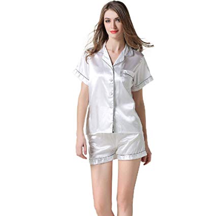 NANJUN Women's Satin Pajamas Sleepwear Long and Short Button-Down Pj Set