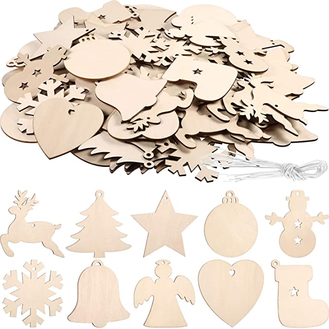 Tatuo 120 Pieces Unfinished Wooden Ornaments Christmas Wood Ornaments Hanging Embellishments Crafts for DIY, Christmas Hanging Decoration in 10 Shapes