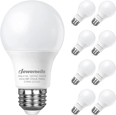 DEWENWILS 8-Pack A19 LED Light Bulb, 760LM, 5000K Daylight LED Light Bulbs, 9 Watt(60 Watt Equivalent), E26 Medium Screw Base, Non Dimmable, UL Listed